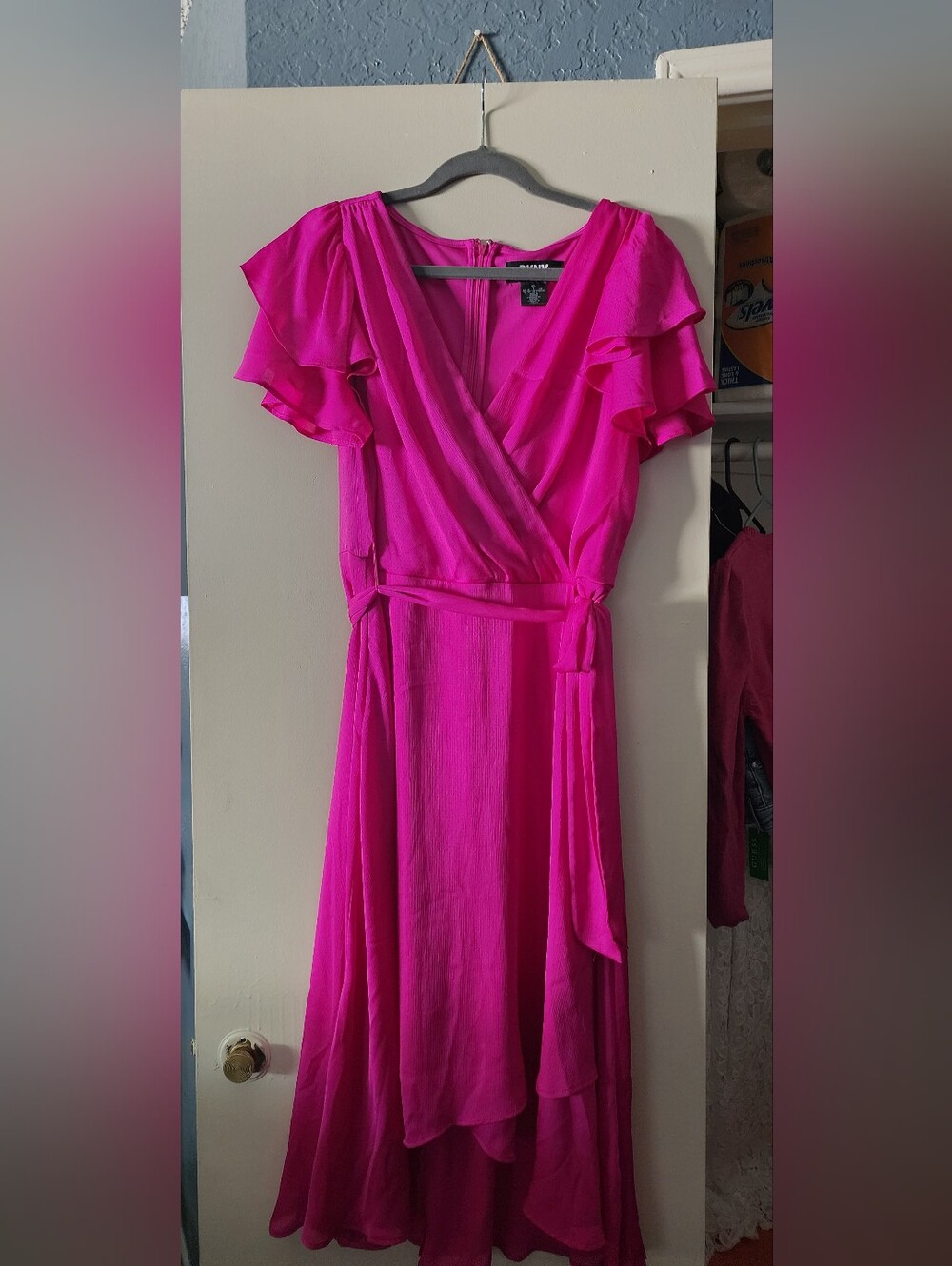 Dkny Fuchsia Midi Dress with Ruffle Sleeves